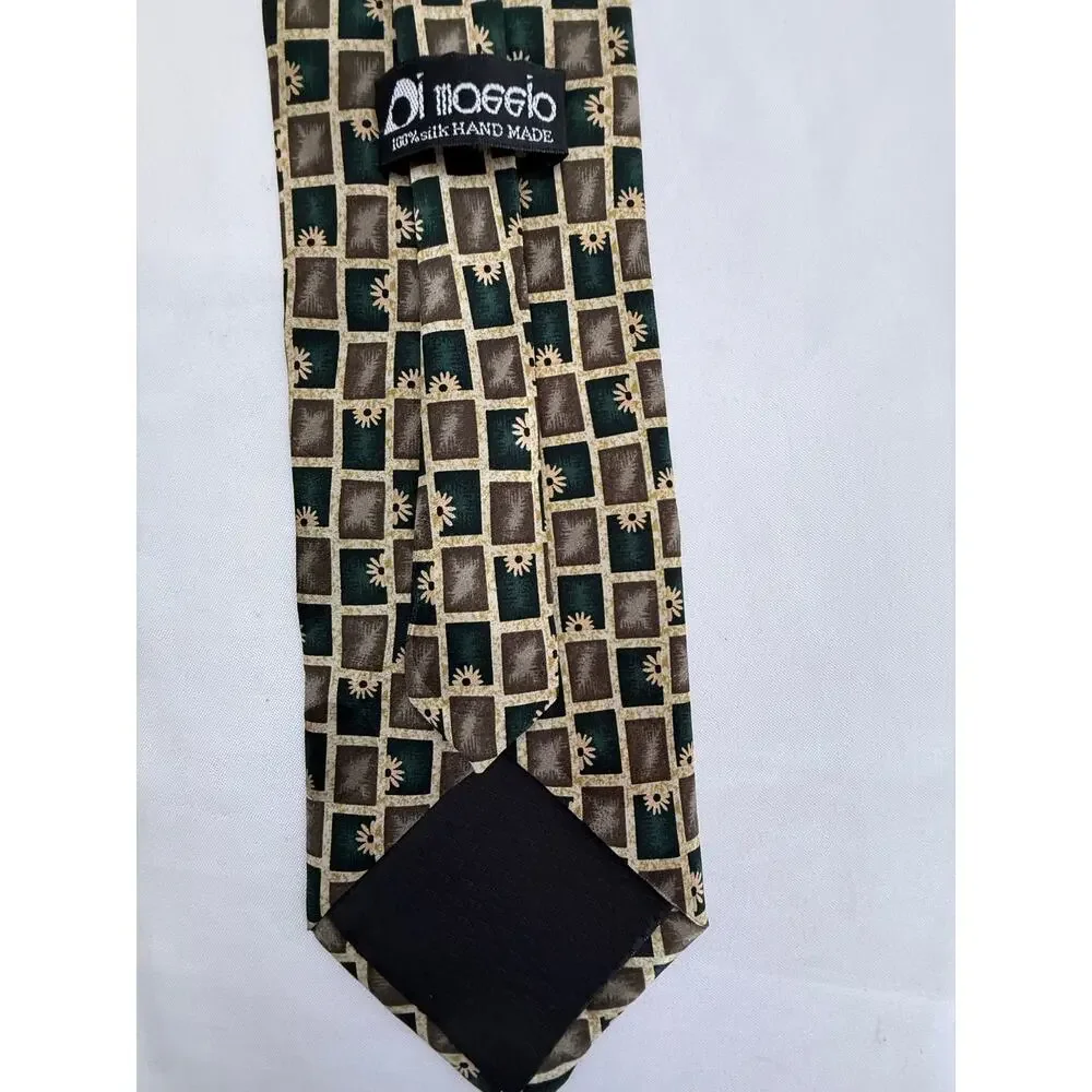 SKU3089 Di Maggio Handmade Silk Tie - Hunter Green & Gold Brown Squares 66